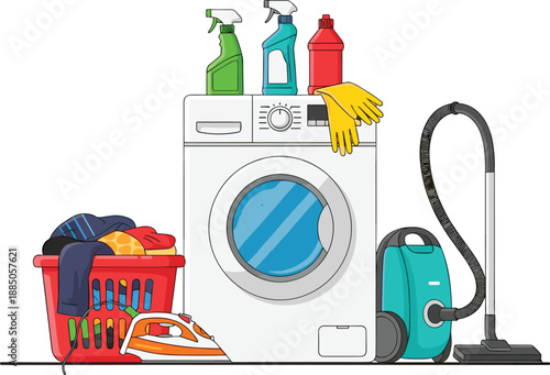Laundry room cleaning equipment illustration, washing machine, detergent bottles, vacuum cleaner, household chores concept, home service, white background