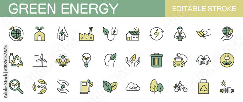 エコロジーやグリーンエネルギーに関するラインアイコンセット（線幅変更可能・カラー）