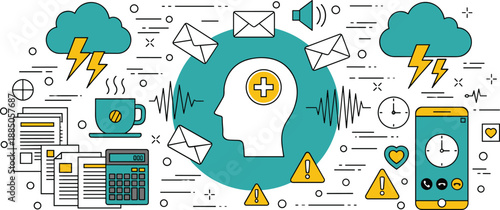 Mental health stress concept illustration, human mind communication overload, anxiety, notifications, work pressure, psychology symbols, flat design, white background
