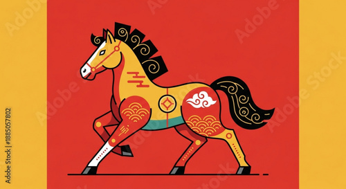 Vibrant horse with swirling mane and tail decorative patterns on body standing on red background with yellow borders