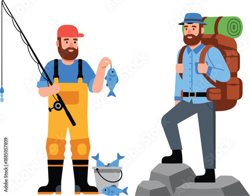 Outdoor adventure illustration, fisherman catching fish, backpacker hiking, camping travel lifestyle, nature leisure activity concept, flat design, white background, vector