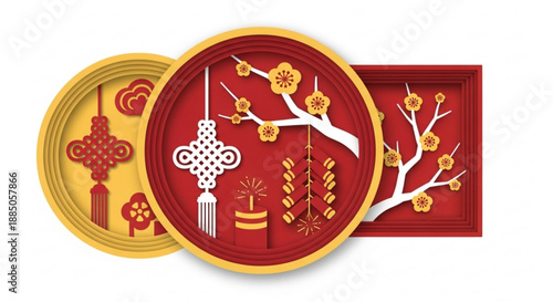 Traditional chinese new year decorations with red and gold lanterns tassels and blossoming flowers on circular and square plates
