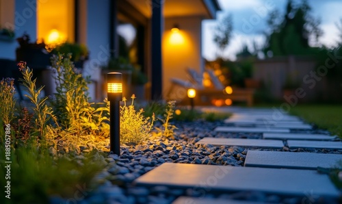 A landscape lit with low-motion lights around the house and the pathway leading to the front door, showcasing the importance of outdoor lighting for home security in dimly-lit night, Generative AI