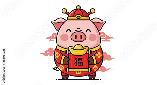 Smiling pig in traditional chinese emperor costume with golden accents and red clouds