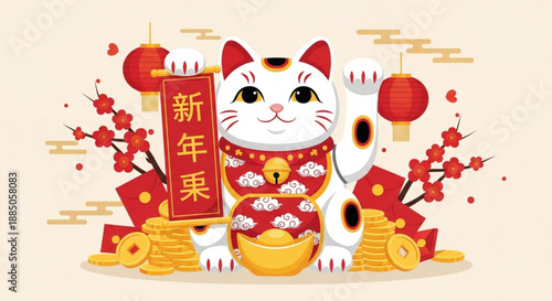 Chinese maneki neko cat with gold coins lanterns and red envelopes for lunar new year celebration
