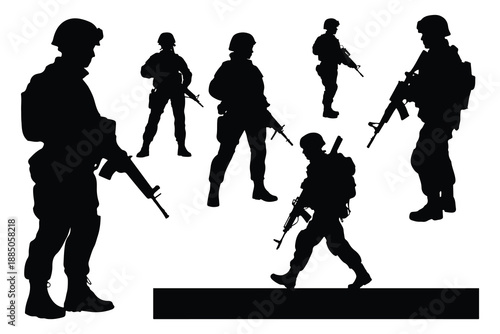 Silhouettes of soldiers with rifles in various poses