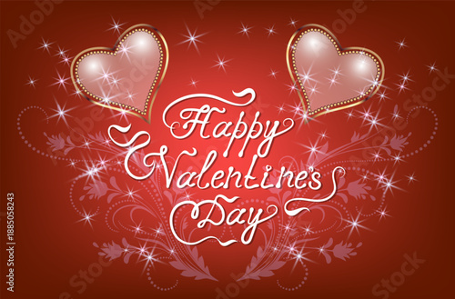 Happy Valentine’s Day greeting card with bulk hearts and  glowing stars