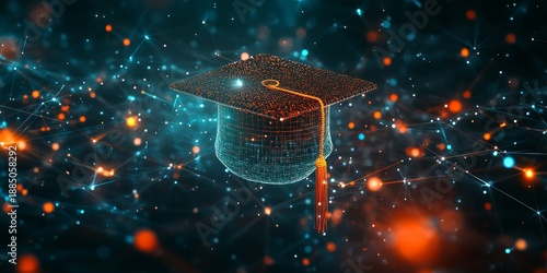 A digital graduation cap floating above an array of interconnected nodes, symbolizing the technology and global reach that power knowledge sharing in education, Generative AI