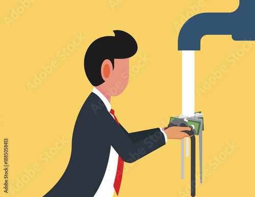 Money laundering or cleaning dirty cash. Businessman cleaning dirty banknotes by washing them under a running water tap.