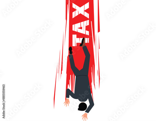 Tax season stress. Terrified businessman crawling to escape tax burden