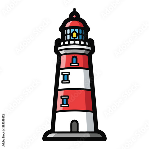 A cartoon lighthouse with red and white stripes