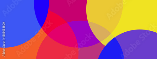 An artistic blend of large circular layers with transparency and bold primary colors for impact