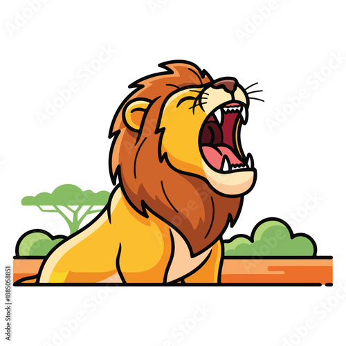 A cartoon lion with a mighty roar in savannah