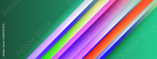Creative background featuring overlapping colorful diagonal lines with soft shadows on a deep green backdrop