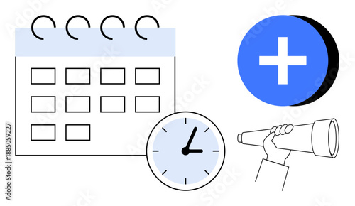 Planning concept. Calendar and clock time management and organization. Telescope highlights vision and future goals, while the plus icon suggests adding events or tasks. Perfect for productivity