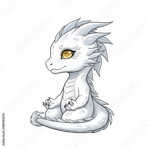 Adorable White Dragon Creature Sitting Peacefully Isolated