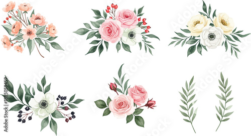 Watercolor floral arrangements and leaves on white background