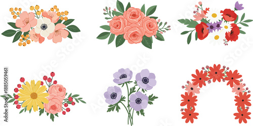 Collection of six colorful floral arrangements and wreaths in various styles and shapes