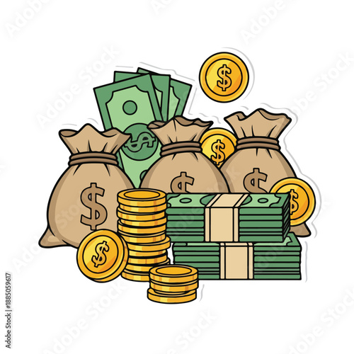 A cartoon illustration of money bags, coins, and bills
