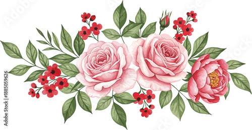 Vintage floral arrangement with pink roses and green leaves on white background