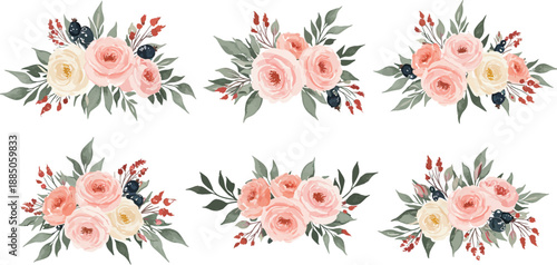 Six watercolor floral arrangements with pink roses and greenery on white background