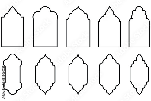 Old islamic window shapes vector set in oriental style. Black silhouette eid mubarak decorative arches, mosque borders or moroccan gates. Arabic Muslim architecture design elements, Ramadan frames. 
