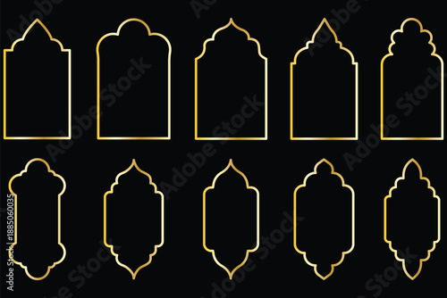 Old islamic window shapes vector set in oriental style. Black silhouette eid mubarak decorative arches, mosque borders or moroccan gates. Arabic Muslim architecture design elements, Ramadan frames. 