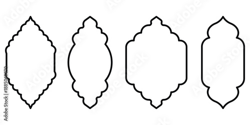 Old islamic window shapes vector set in oriental style. Black silhouette eid mubarak decorative arches, mosque borders or moroccan gates. Arabic Muslim architecture design elements, Ramadan frames. 