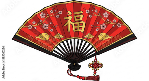 Traditional chinese red folding fan with golden accents and floral designs on white background