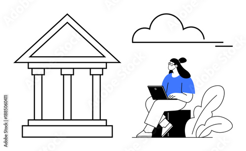 Education concept. Education blending traditional and digital experiences. Woman studying on laptop modern learning. Education for online courses, e-learning, technology, self-study