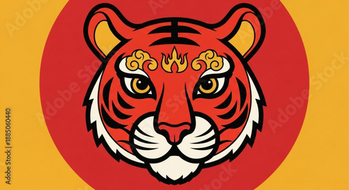 Vibrant tiger head with golden flames on forehead in red circle
