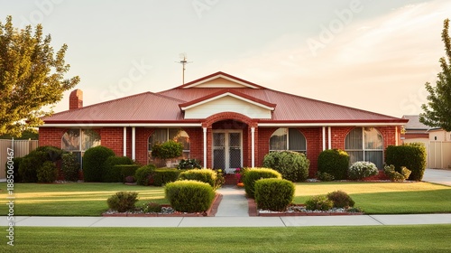 frontyard. Charming suburban house with red brick facade and manicured lawn, exuding warmth and comfort. real-estate listings.