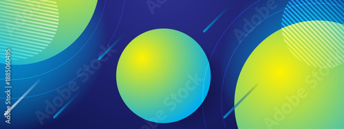 Vibrant abstract composition featuring glowing green and blue spheres with dynamic cosmic light trails and geometric patterns