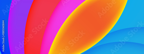 Bright abstract composition featuring sweeping curved shapes in blue pink and purple with a central glow