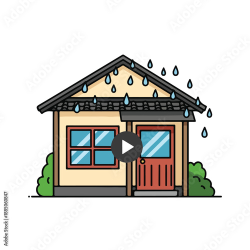 A cartoon house with rain falling on the roof