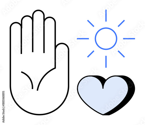 Kindness, optimism, care, compassion, emotional support, positivity. Open hand, radiant sun and a stylized heart with soft colors. Kindness and optimism through uplifting symbols