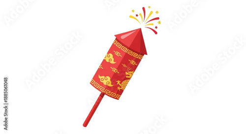 Vibrant red firework with golden designs exploding in colorful sparks on white background