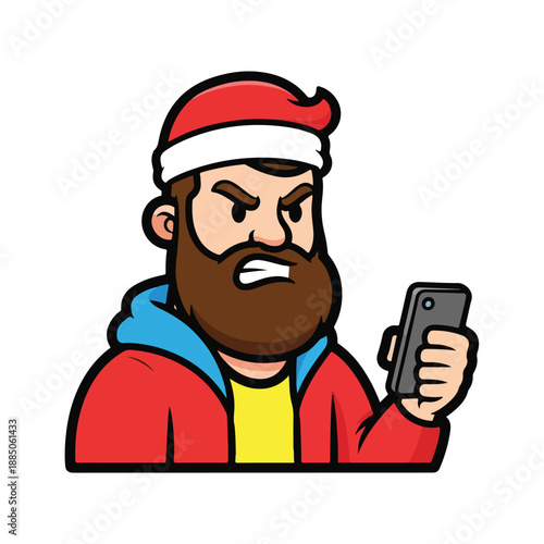 A cartoon man with a beard and Santa hat looks at his phone angrily