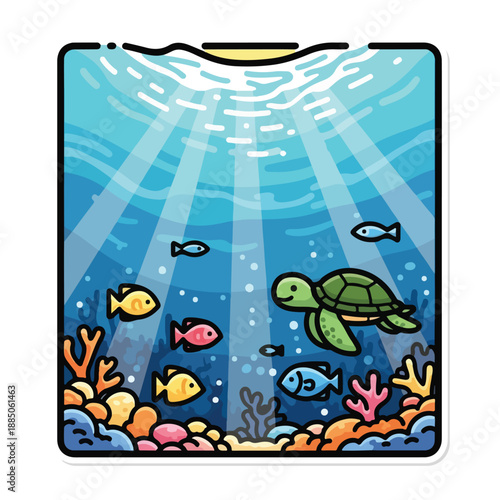A cartoon underwater scene with a turtle