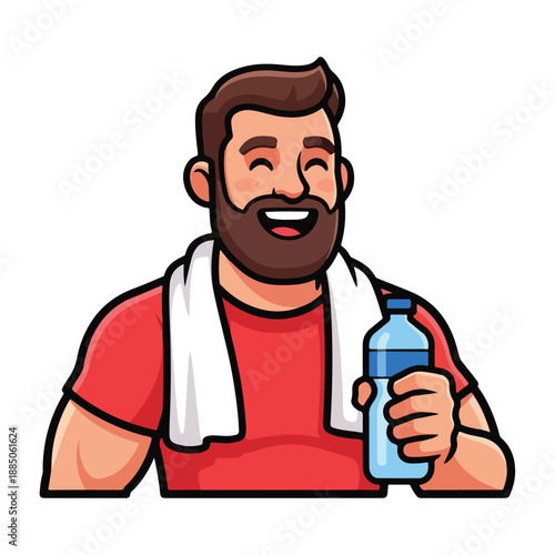 A cartoon man with a towel and water bottle smiles