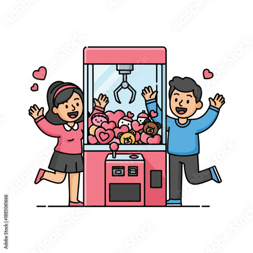 A cartoon image of a man and woman excitedly playing a claw machine