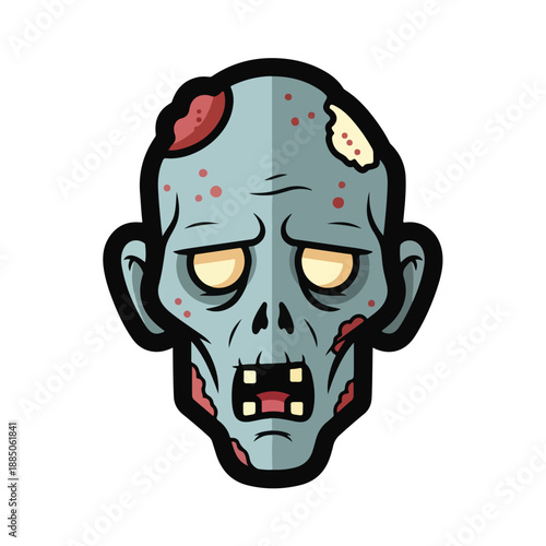 A cartoon zombie head with a menacing expression
