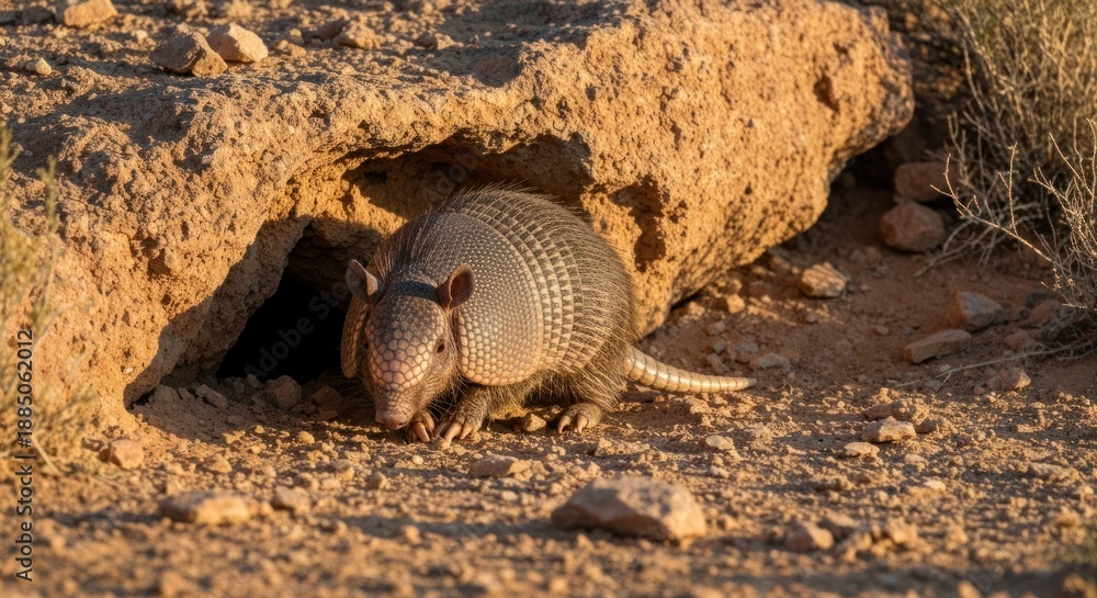 Fototapeta premium Armadillo emerging from a rocky desert burrow