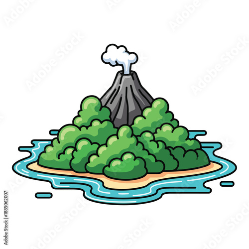A cartoon volcanic island