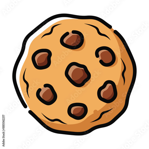 A cartoonish chocolate chip cookie with a golden brown color