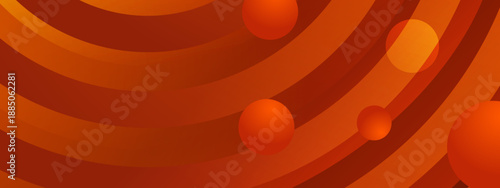 Warm orange and amber toned curved layers with floating 3d spheres and glowing light effects