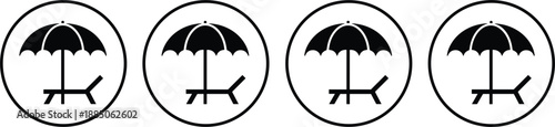 Black and white keep dry handling symbols with umbrella and box icons in circular design.
