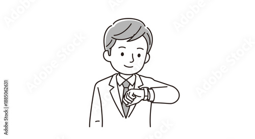 A businessman in a suit checks his wristwatch, emphasizing punctuality in a line art illustration.