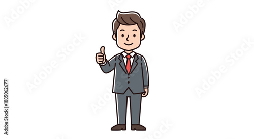 A businessman in a suit stands, giving a confident thumbs up gesture in a flat vector illustration.