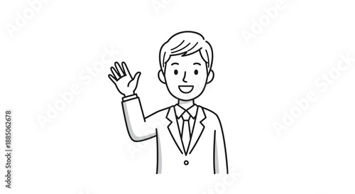 A businessman in a suit waves his hand, offering a friendly greeting in a line art illustration.